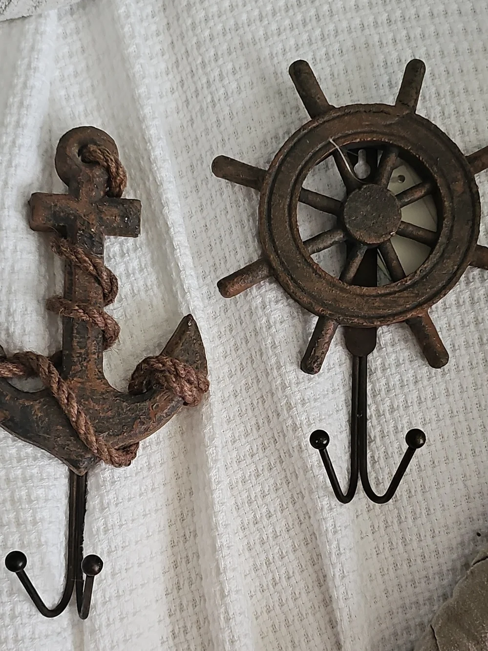 Rustic Anchor and Ship Wheel Wall Hooks - Brown Nautical Decor